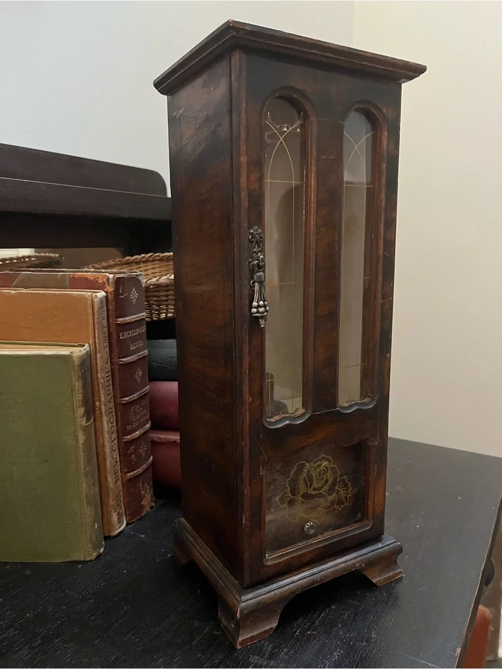 Vintage Wooden Jewelry Cabinet with Floral Inlay - Dark Brown
